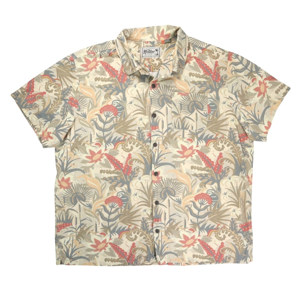Howler Brothers Monoloha Shirt Mens XXL Tan Ottine Scene Cotton Rayon Aloha Surf